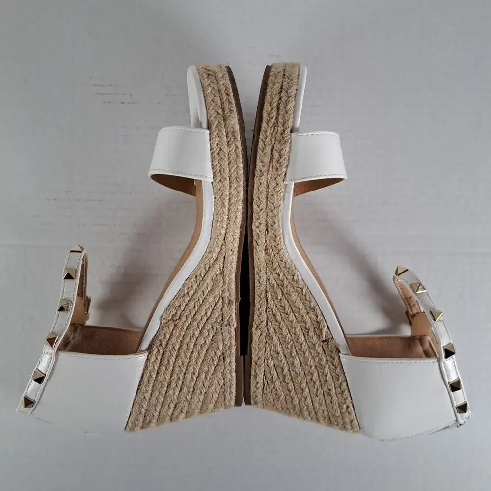 Esprit Espadrille Wedge Sandals White Studded Ankle Strap Back Zipper Womens 8.5